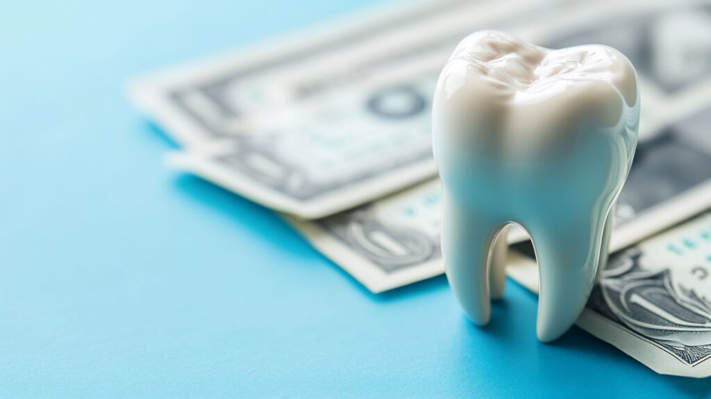 Large model tooth next to bile of dollar bills on blue surface